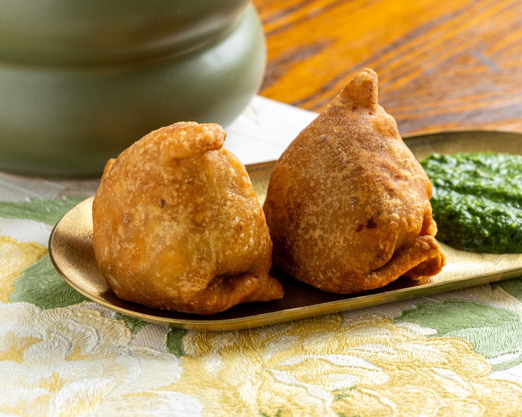 Veg samosas with green chutney